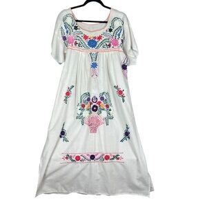 Vintage Embroidered Nightgown Dress White Cotton Peasant Boho Prairie Cottage
